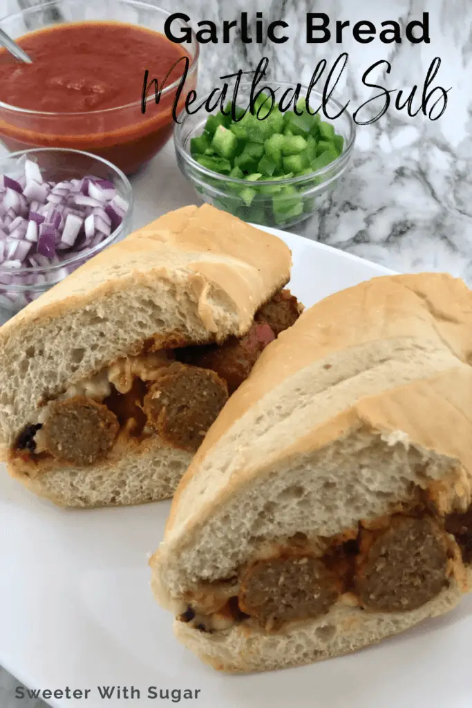 Garlic Bread Meatball Sub is an easy dinner idea with the flavor the whole family will love. This sub sandwich is made with pre-made meatballs so it is quick to put together.  #MeatballSub #GarlicBread #DinnerIdeas #Sandwiches