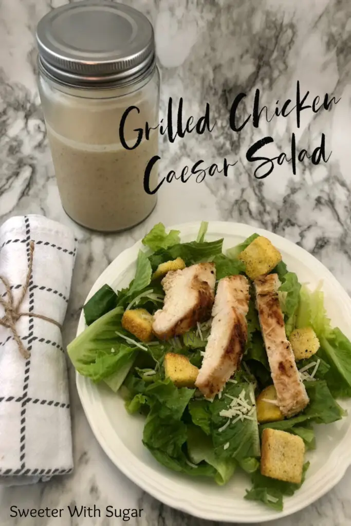 Grilled Chicken Caesar Salad is a perfectly delicious grilled chicken salad recipe with caesar marinade and caesar dressing. The tender grilled chicken is so flavorful-you'll love it! It is perfect for lunch or dinner. #Grilling #Chicken #Salad #CaesarDressing #Homemade 