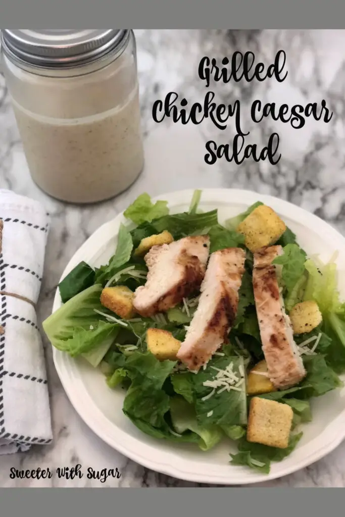 Grilled Chicken Caesar Salad is a perfectly delicious grilled chicken salad recipe with caesar marinade and caesar dressing. The tender grilled chicken is so flavorful-you'll love it! It is perfect for lunch or dinner. #Grilling #Chicken #Salad #CaesarDressing #Homemade