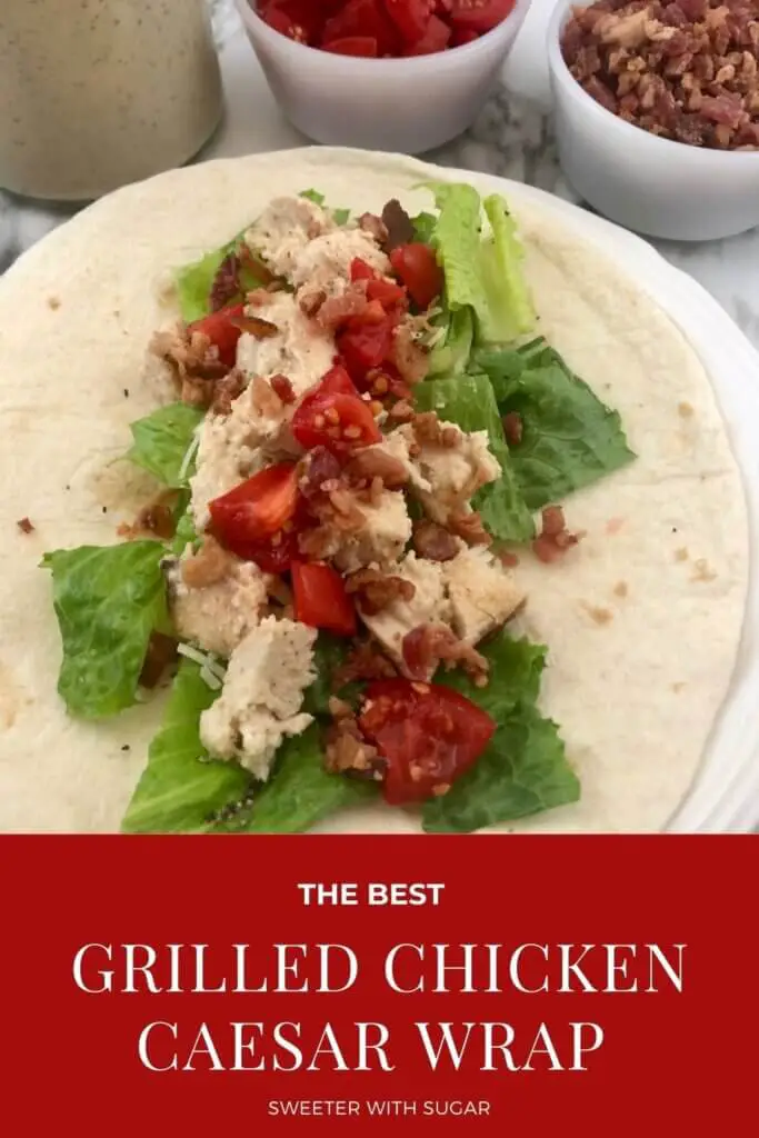 Grilled Chicken Caesar Wrap is a grilled chicken wrap with the delicious flavor of Caesar dressing-you will want to try it today! The juicy marinaded and grilled chicken is fantastic. Then, fill your wrap with the chicken, Caesar Dressing and yummy vegetables. #ChickenRecipes #CaesarWrapRecipes #HomemadeCaesarDressing #GrillingRecipes