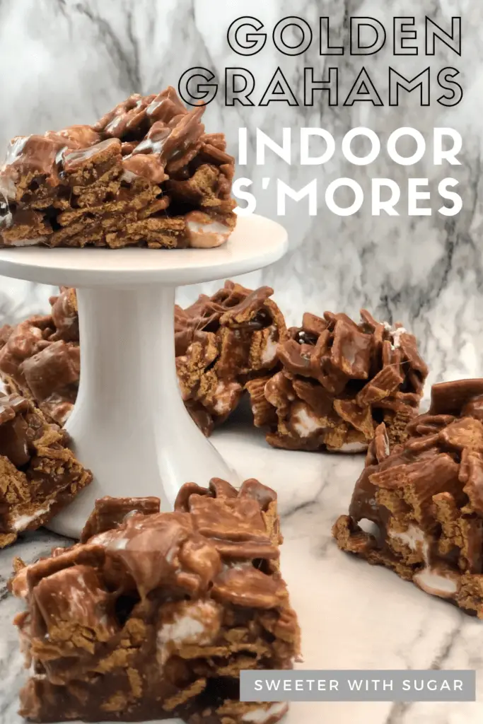 Indoor S'mores are the best indoor treat. They are made with Golden Grahams Cereal for an extra easy and yummy dessert. #Smores #Desserts #Chocolate #GoldenGrahams #Marshmallow #SimpleRecipes #EasySnacks #TreatRecipes