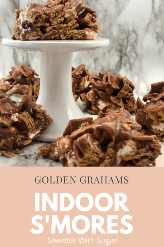 Indoor S'mores are the best indoor treat. They are made with Golden Grahams Cereal for an extra easy and yummy dessert. #Smores #Desserts #Chocolate #GoldenGrahams #Marshmallow #SimpleRecipes #EasySnacks #TreatRecipes