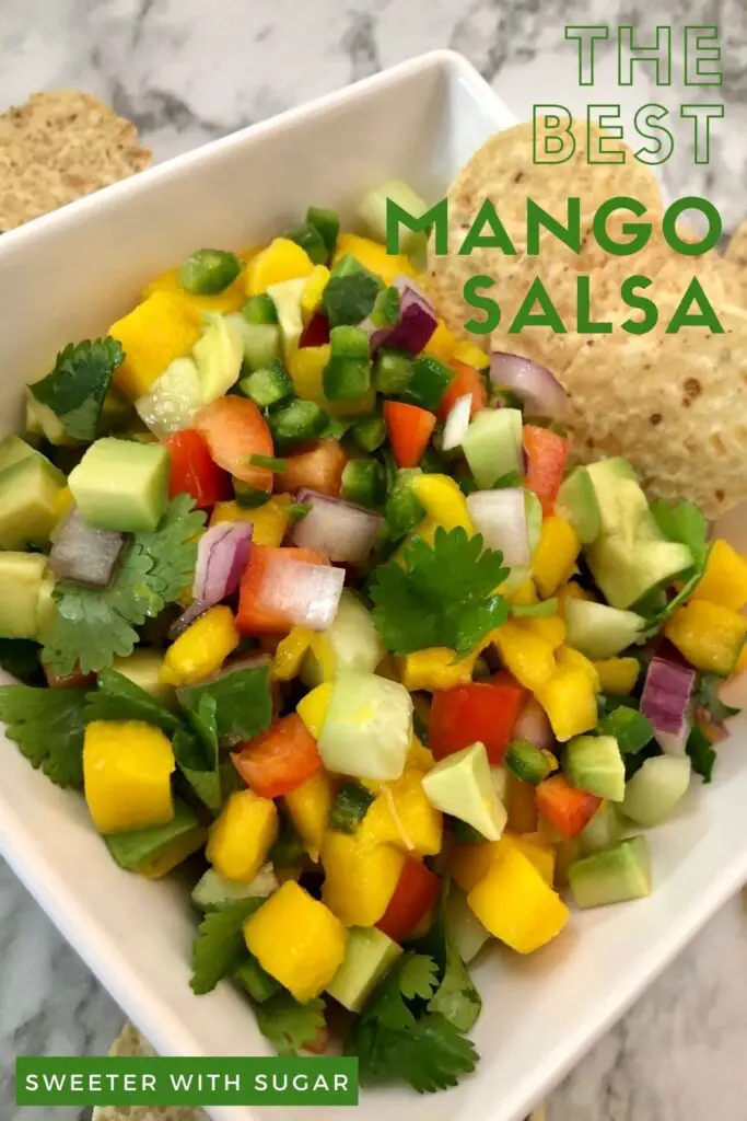 Mango Salsa is an easy salsa recipe that tastes amazing! It has mango, avocado, red onion, red bell pepper, and more. This recipe goes well with shrimp or fish. It is great just as a snack with chips. #Mango #MangoSalsa #HealthyRecipes  #HomemadeSalsa