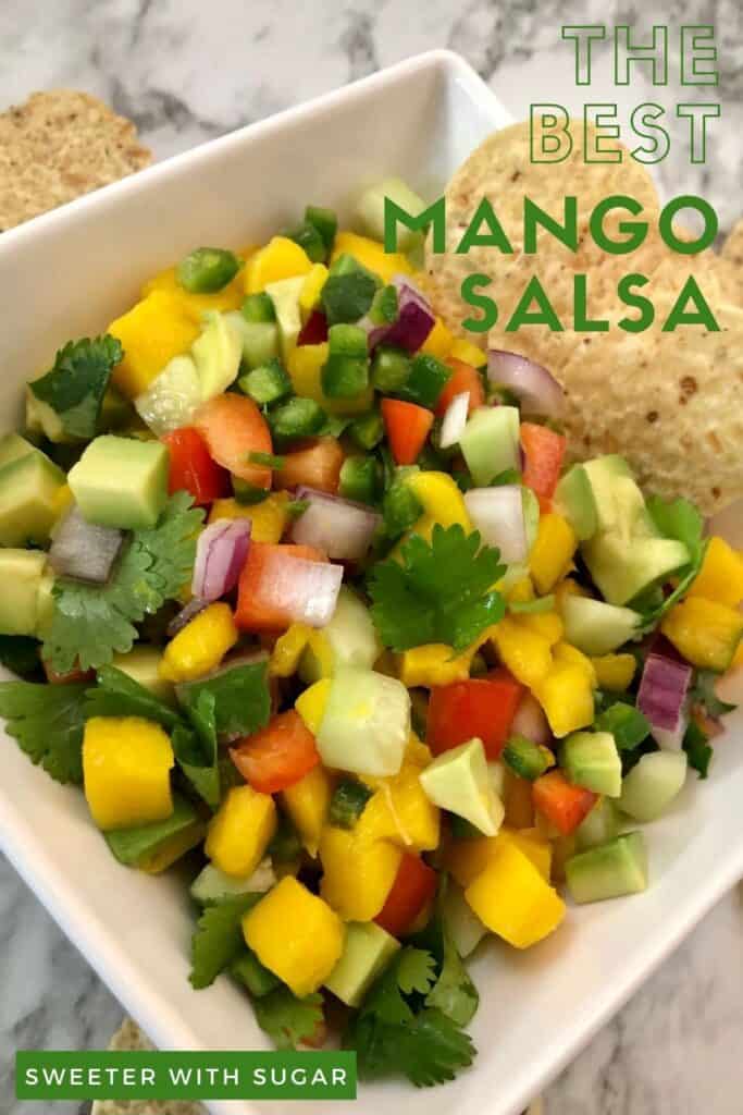 Mango Salsa is an easy salsa recipe that tastes amazing! It has mango, avocado, red onion, red bell pepper, and more. This recipe goes well with shrimp or fish. It is great just as a snack with chips. #Mango #MangoSalsa #HealthyRecipes  #HomemadeSalsa