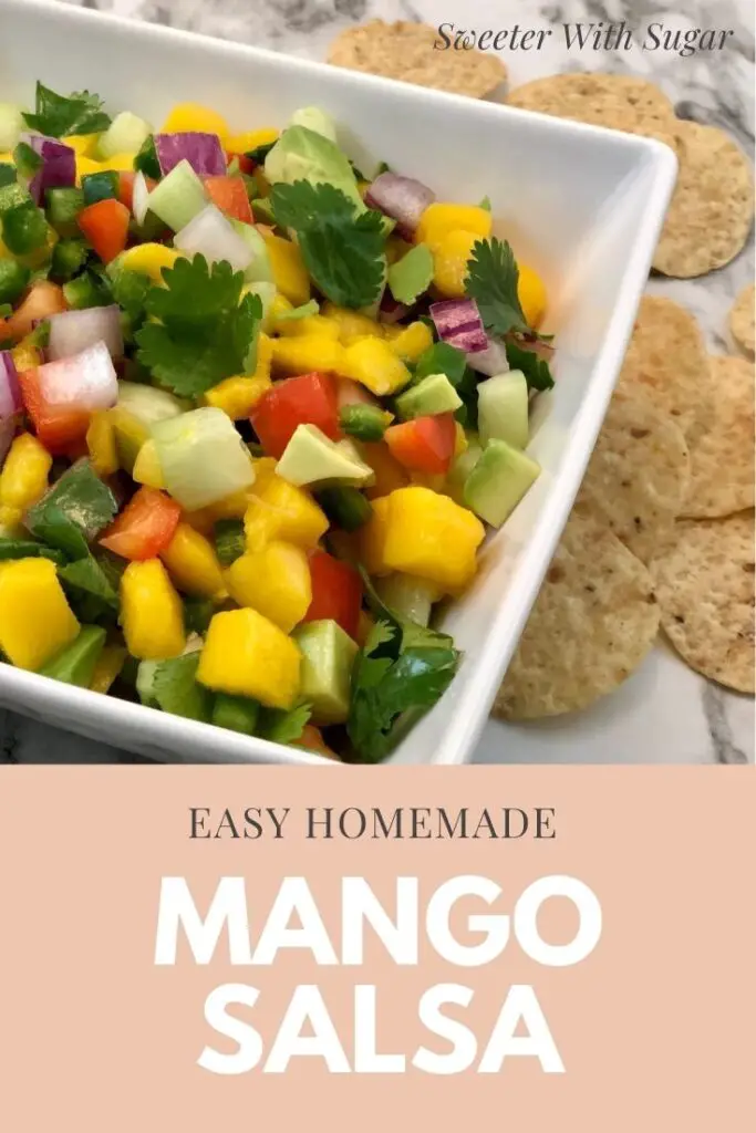 Mango Salsa is an easy salsa recipe that tastes amazing! It has mango, avocado, red onion, red bell pepper, and more. This recipe goes well with shrimp or fish. It is great just as a snack with chips. #Mango #MangoSalsa #HealthyRecipes  #HomemadeSalsa