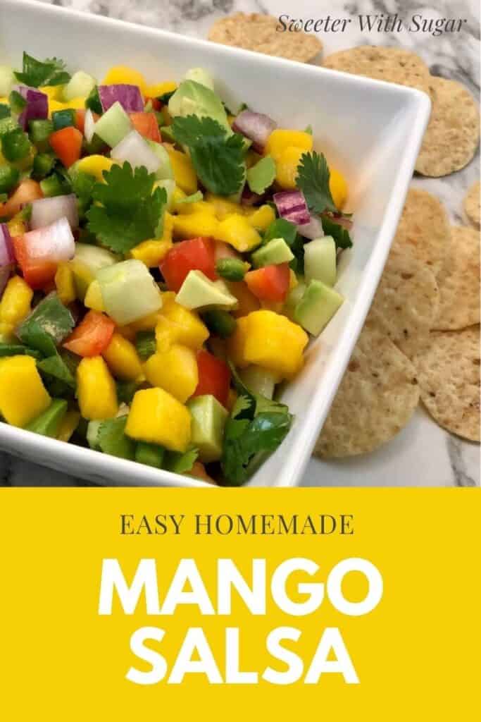 Mango Salsa is an easy salsa recipe that tastes amazing! It has mango, avocado, red onion, red bell pepper, and more. This recipe goes well with shrimp or fish. It is great just as a snack with chips. #Mango #MangoSalsa #HealthyRecipes  #HomemadeSalsa