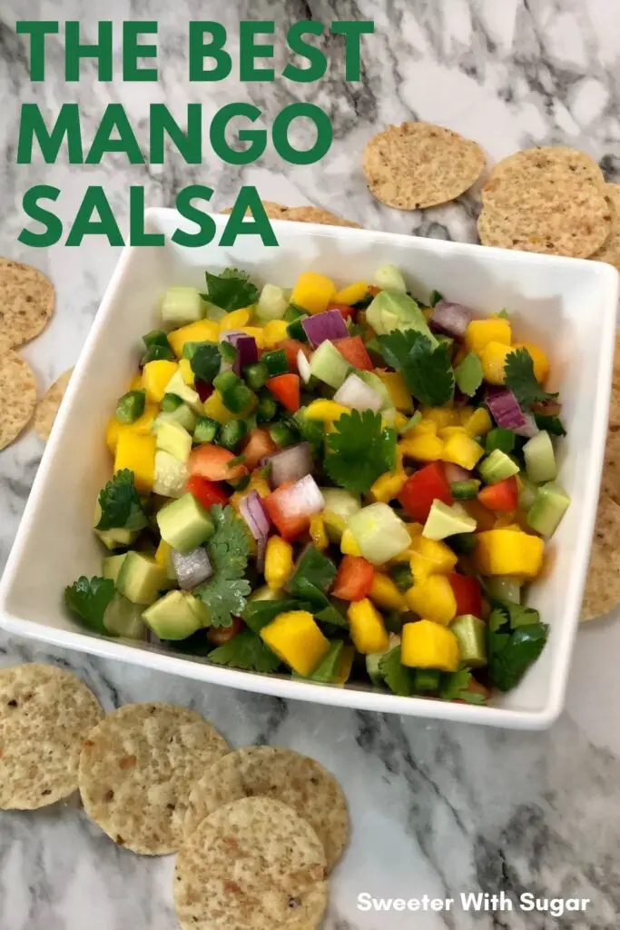 Mango Salsa is an easy salsa recipe that tastes amazing! It has mango, avocado, red onion, red bell pepper, and more. This recipe goes well with shrimp or fish. It is great just as a snack with chips. #Mango #MangoSalsa #HealthyRecipes  #HomemadeSalsa