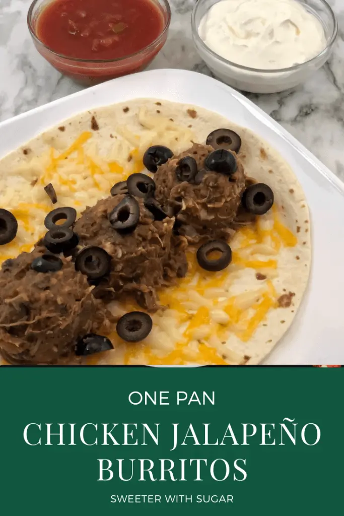 One Pan Chicken Jalapeño Burritos | Sweeter With Sugar | Easy and delicious dinner recipes for busy nights. Pantry Meals, Chicken Recipes, Simple, Quick, #Chicken #FoodRecipes #EasyRecipes #PantryMeals