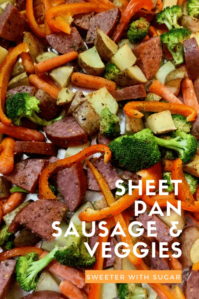 Sheet Pan Sausage and Veggies is an easy and flavorful weeknight dinner recipe. Using sheet pans for this recipe makes for an easy clean-up, too. #Sausage #Veggies #EasyWeeknightDInners #SheetPan 