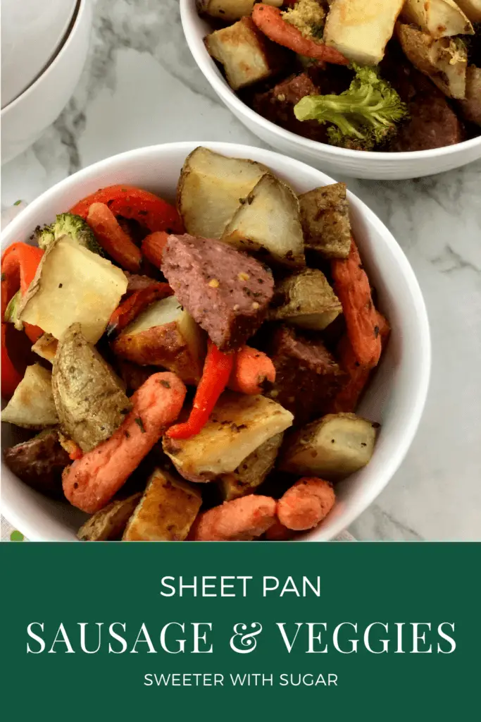 Sheet Pan Sausage and Veggies is an easy and flavorful weeknight dinner recipe. Using sheet pans for this recipe makes for an easy clean-up, too. #Sausage #Veggies #EasyWeeknightDInners #SheetPan