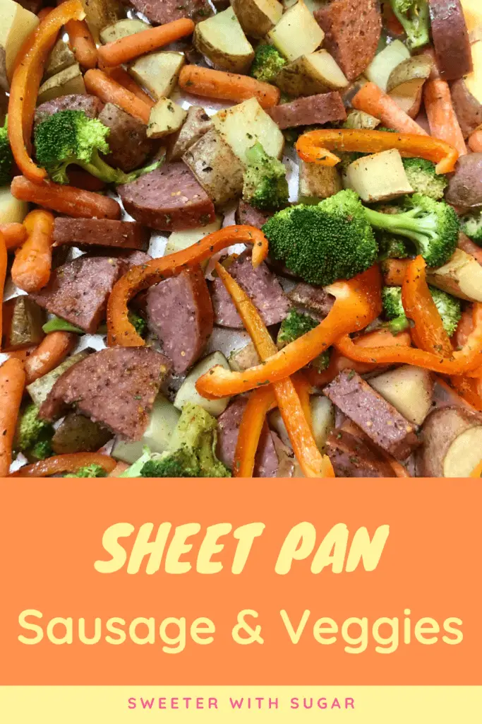 Sheet Pan Sausage and Veggies is an easy and flavorful weeknight dinner recipe. Using sheet pans for this recipe makes for an easy clean-up, too. #Sausage #Veggies #EasyWeeknightDInners #SheetPan