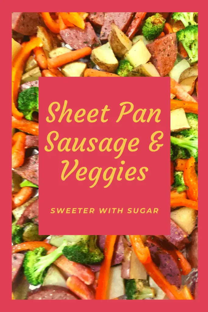 Sheet Pan Sausage and Veggies is an easy and flavorful weeknight dinner recipe. Using sheet pans for this recipe makes for an easy clean-up, too. #Sausage #Veggies #EasyWeeknightDInners #SheetPan