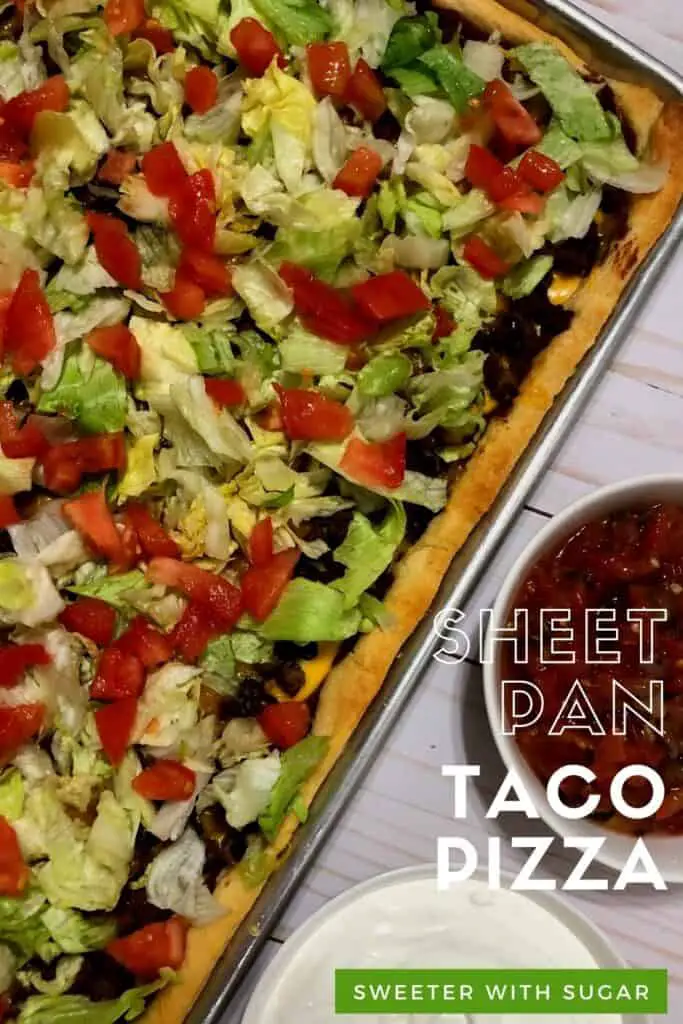 Sheet Pan Taco Pizza is a fun and yummy taco pizza recipe.  It is an easy recipe your family will love. The crescent roll crust is topped with beef, onion, beans, cheese, lettuce, tomatoes and more. #RicosNachoCheeseSauce #SheetPan #Tacos #CrescentRolls #WeeknightDinners 