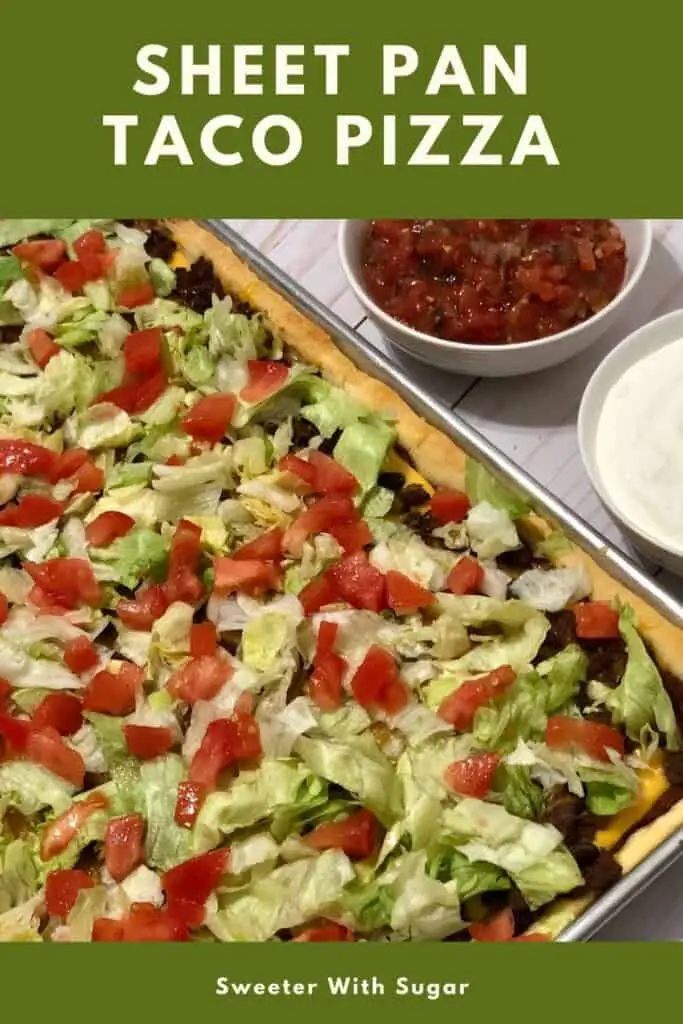 Sheet Pan Taco Pizza is a fun and yummy taco pizza recipe.  It is an easy recipe your family will love. The crescent roll crust is topped with beef, onion, beans, cheese, lettuce, tomatoes and more. #RicosNachoCheeseSauce #SheetPan #Tacos #CrescentRolls #WeeknightDinners 