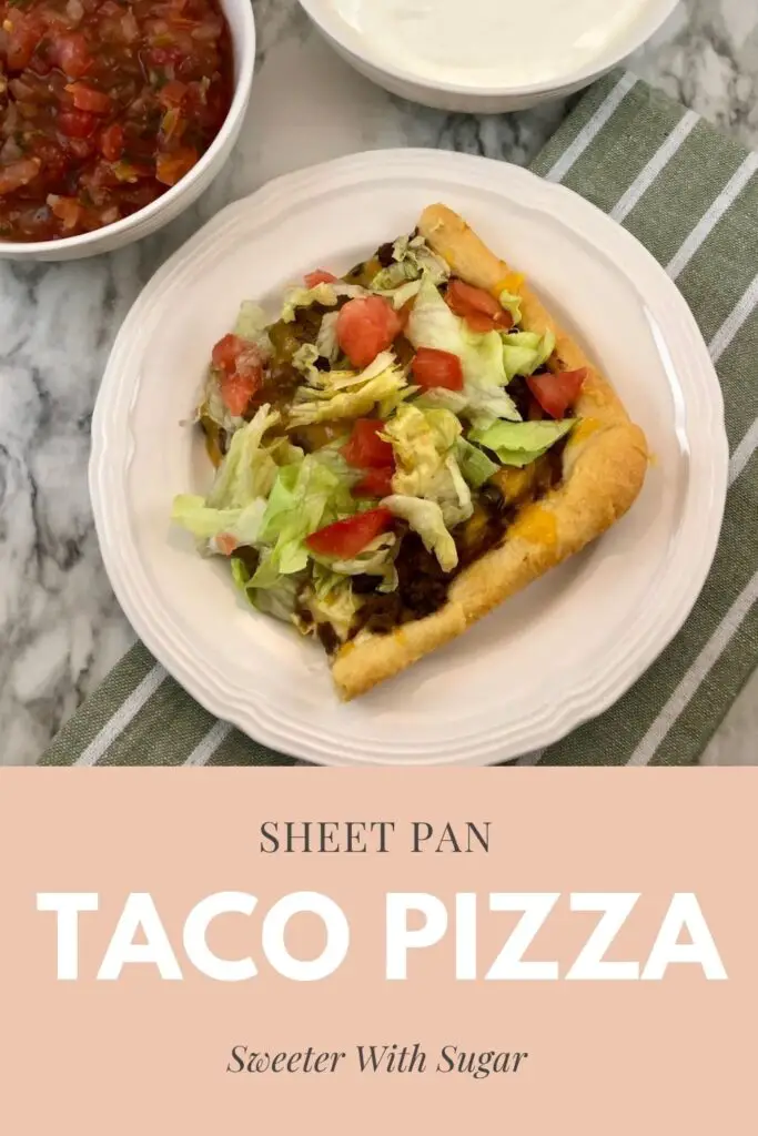 Sheet Pan Taco Pizza is a fun and yummy taco pizza recipe.  It is an easy recipe your family will love. The crescent roll crust is topped with beef, onion, beans, cheese, lettuce, tomatoes and more. #RicosNachoCheeseSauce #SheetPan #Tacos #CrescentRolls #WeeknightDinners 