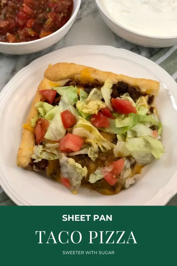 Sheet Pan Taco Pizza is a fun and yummy taco pizza recipe.  It is an easy recipe your family will love. The crescent roll crust is topped with beef, onion, beans, cheese, lettuce, tomatoes and more. #RicosNachoCheeseSauce #SheetPan #Tacos #CrescentRolls #WeeknightDinners 