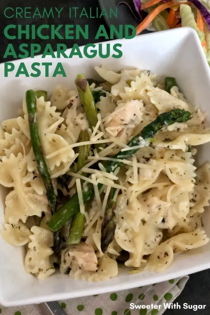 Creamy Italian Chicken and Asparagus Pasta | Sweeter With Sugar | A simple comfort food recipe. Easy Dinner Recipes, Comfort Food, Family Dinner Recipes, Pasta, Asparagus, Chicken, Heavy Whipping Cream, Parmesan Cheese, #ComfortFood #DInnerIdeas #EasyRecipes #Chicken #Pasta #Asparagus #ParmesanCheese