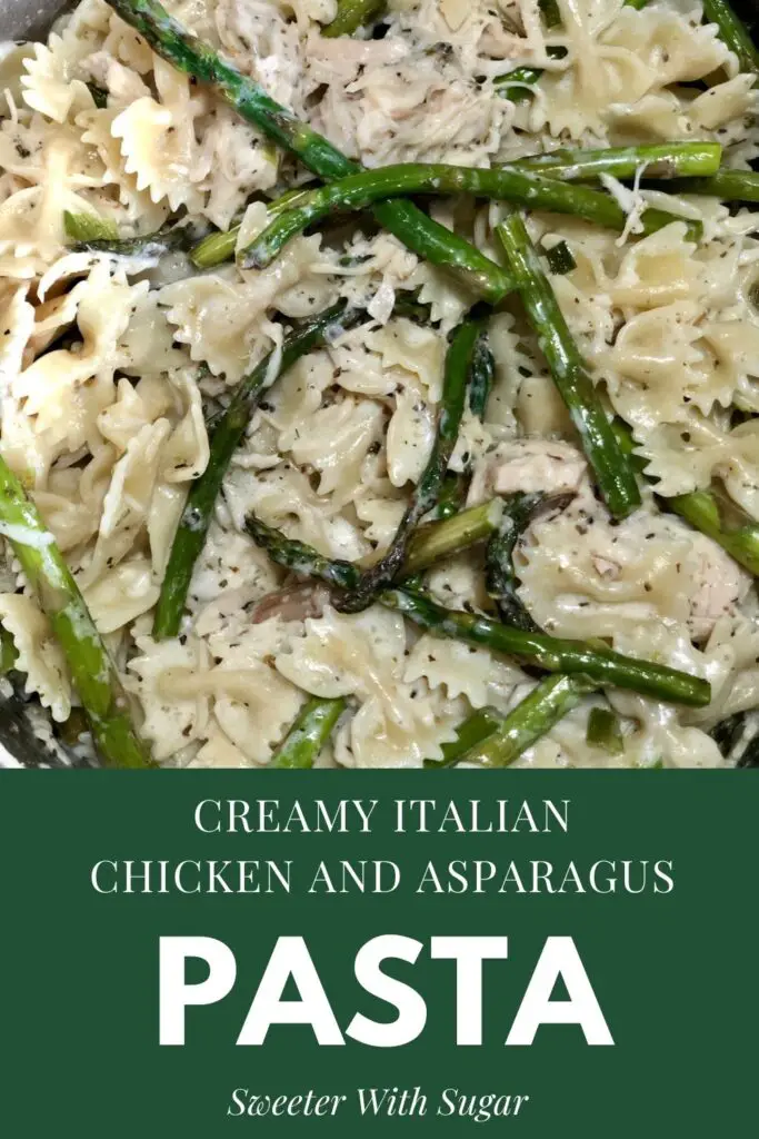 Creamy Italian Chicken and Asparagus Pasta | Sweeter With Sugar | A simple comfort food recipe for the whole family. Easy Dinner Recipes, Comfort Food, Family Dinner Recipes, Pasta, Asparagus, Chicken, Heavy Whipping Cream, Parmesan Cheese, #ComfortFood #DInnerIdeas #EasyRecipes #Chicken #Pasta #Asparagus #ParmesanCheese