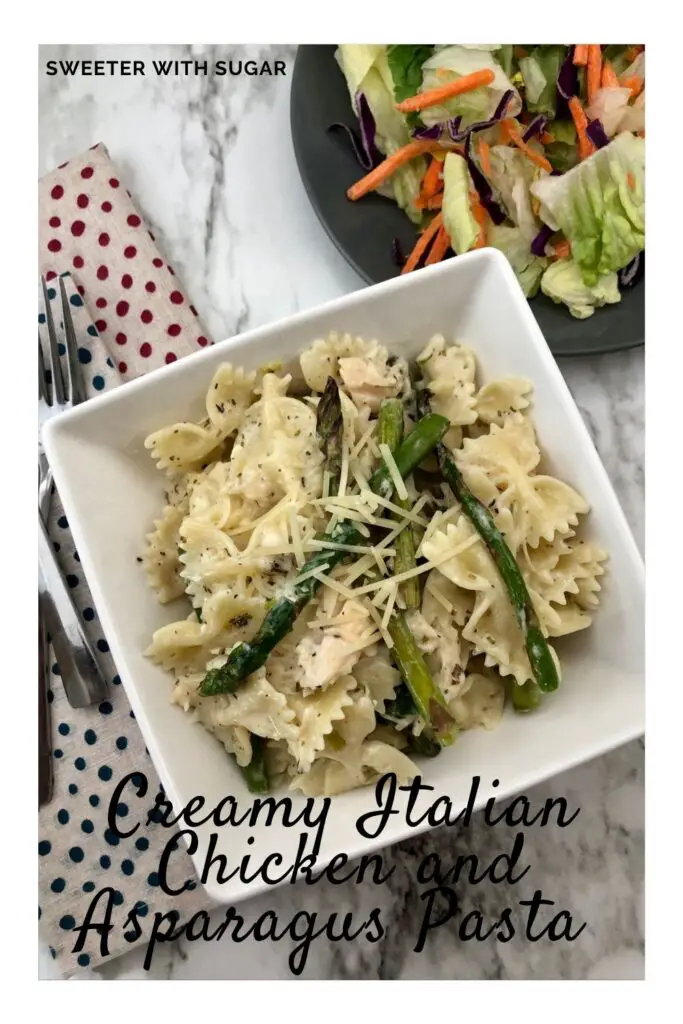 Creamy Italian Chicken and Asparagus Pasta | Sweeter With Sugar | An easy and delicious comfort food recipe. Easy Dinner Recipes, Comfort Food, Family Dinner Recipes, Pasta, Asparagus, Chicken, Heavy Whipping Cream, Parmesan Cheese, #ComfortFood #DInnerIdeas #EasyRecipes #Chicken #Pasta #Asparagus #ParmesanCheese
