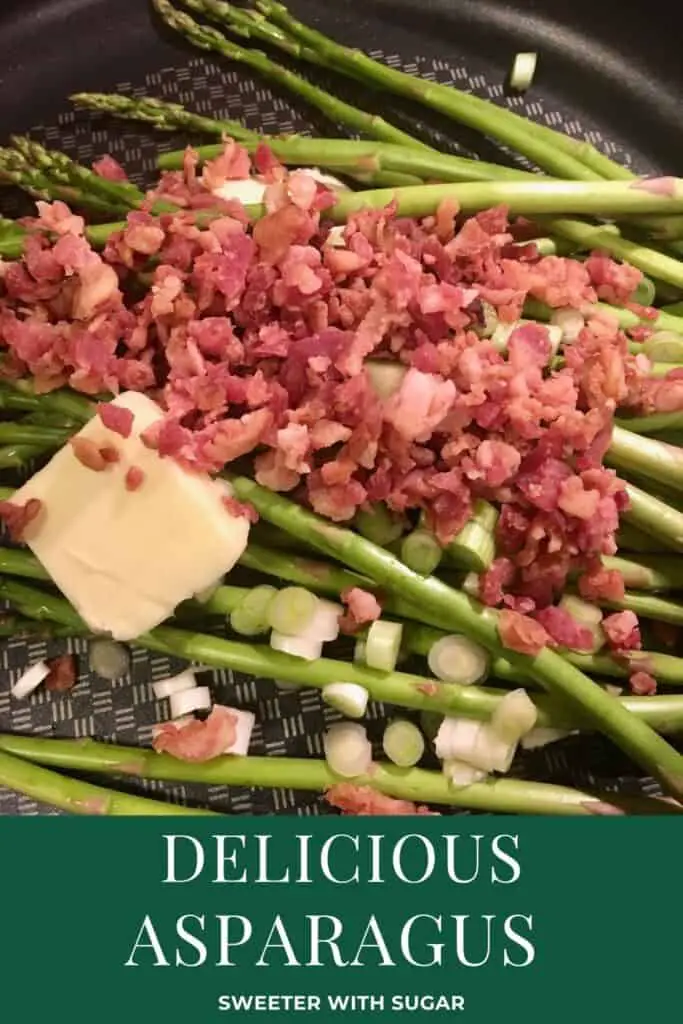 Delicious Asparagus | Sweeter With Sugar | An easy asparagus side dish with a yummy bacon flavor. Side Dishes, Side Recipes, Vegetables, Bacon, Onion, Easy Sides #Asparagus #Bacon #Onion #EasySideDishes #VegetableSides #Veggies #SimpleRecipes #Easy #Simple
