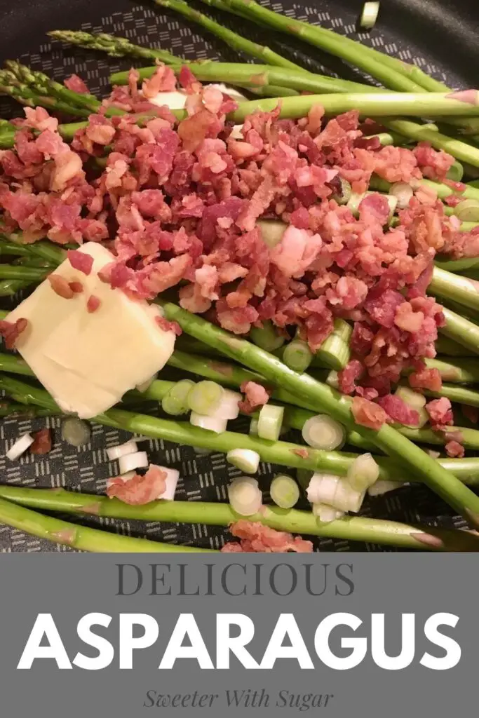 Delicious Asparagus | Sweeter With Sugar | An easy asparagus side dish with a yummy bacon flavor. Side Dishes, Side Recipes, Vegetables, Bacon, Onion, Easy Sides #Asparagus #Bacon #Onion #EasySideDishes #VegetableSides #Veggies #SimpleRecipes #Easy #Simple 