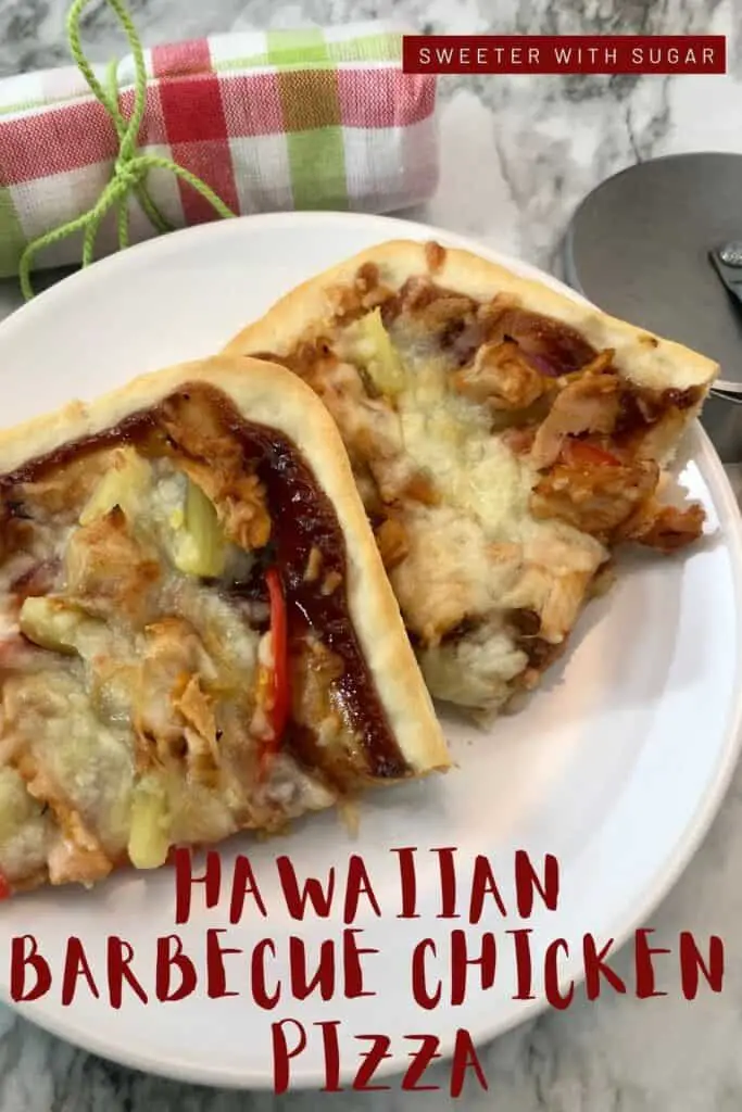 Hawaiian Barbecue Chicken Pizza | Are you looking for a simple and delicious dinner idea? This Hawaiian Barbecue Chicken Pizza recipe from Sweeter With Sugar is fun to make and eat. This pizza is loaded with chicken, onion, bell pepper, pineapple and cheese. Barbecue Chicken Pizza lovers will love this pizza recipe. Click to visit and try this tasty recipe. #HomemadePizza #Pizza #Hawaiian #PizzaRecipes #DinnerIdeas 