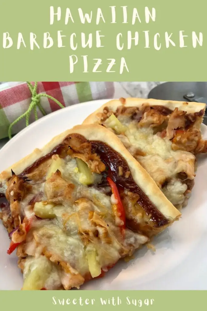 Hawaiian Barbecue Chicken Pizza | Are you looking for a simple and delicious dinner idea? This Hawaiian Barbecue Chicken Pizza recipe from Sweeter With Sugar is fun to make and eat. This pizza is loaded with chicken, onion, bell pepper, pineapple and cheese. Barbecue Chicken Pizza lovers will love this pizza recipe. Click to visit and try this tasty recipe. #HomemadePizza #Pizza #Hawaiian #PizzaRecipes #DinnerIdeas 
