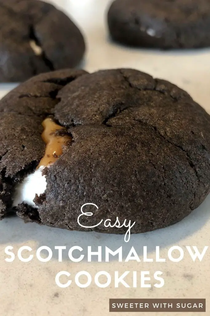 Scotchmallow Cookies are a super easy cookie recipe with chocolate, caramel, and marshmallow. Scotchmallow cookies are a great snack or dessert. You will love the gooey caramel and marshmallow inside the soft chocolate cookie. #Cookies #Scotchmallows #Recipes #ChocolateCakeMix