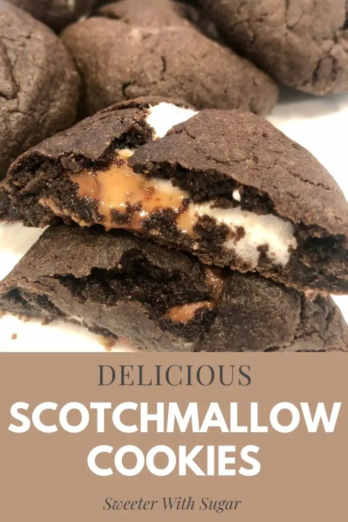 Scotchmallow Cookies are a super easy cookie recipe with chocolate, caramel, and marshmallow. Scotchmallow cookies are a great snack or dessert. You will love the gooey caramel and marshmallow inside the soft chocolate cookie. #Cookies #Scotchmallows #Recipes #ChocolateCakeMix