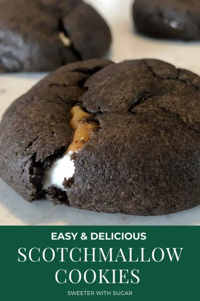 Scotchmallow Cookies are a super easy cookie recipe with chocolate, caramel, and marshmallow. Scotchmallow cookies are a great snack or dessert. You will love the gooey caramel and marshmallow inside the soft chocolate cookie. #Cookies #Scotchmallows #Recipes #ChocolateCakeMix