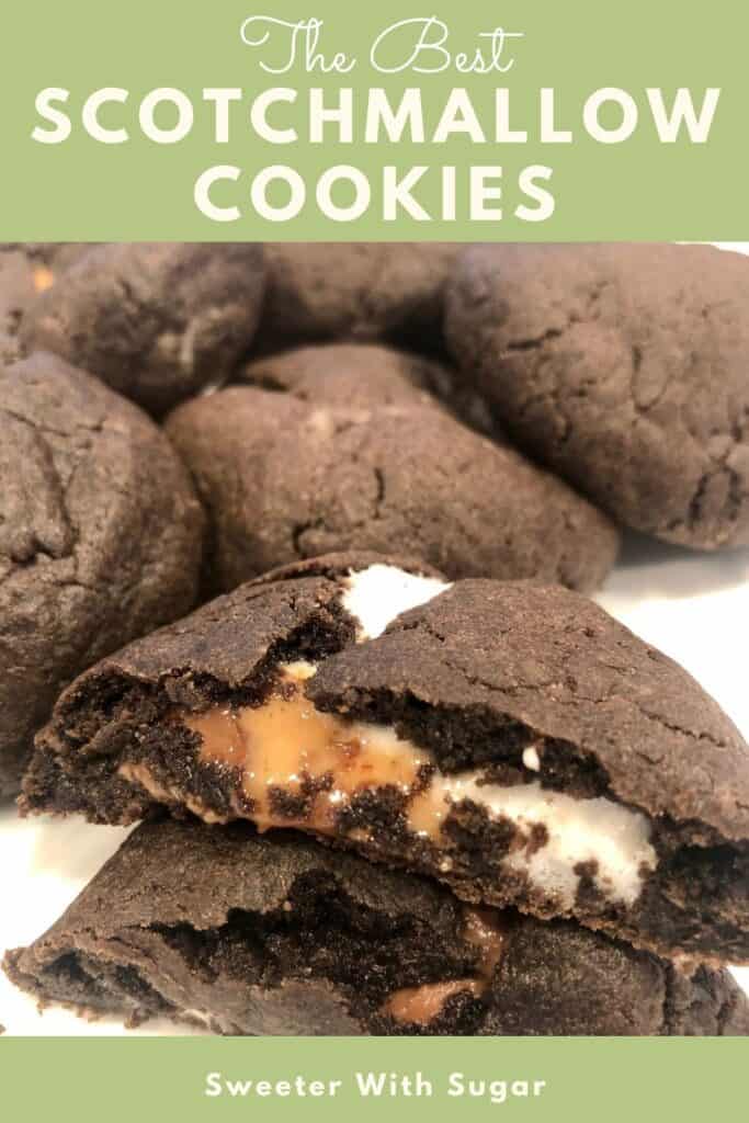 Scotchmallow Cookies are a super easy cookie recipe with chocolate, caramel, and marshmallow. Scotchmallow cookies are a great snack or dessert. You will love the gooey caramel and marshmallow inside the soft chocolate cookie. #Cookies #Scotchmallows #Recipes #ChocolateCakeMix