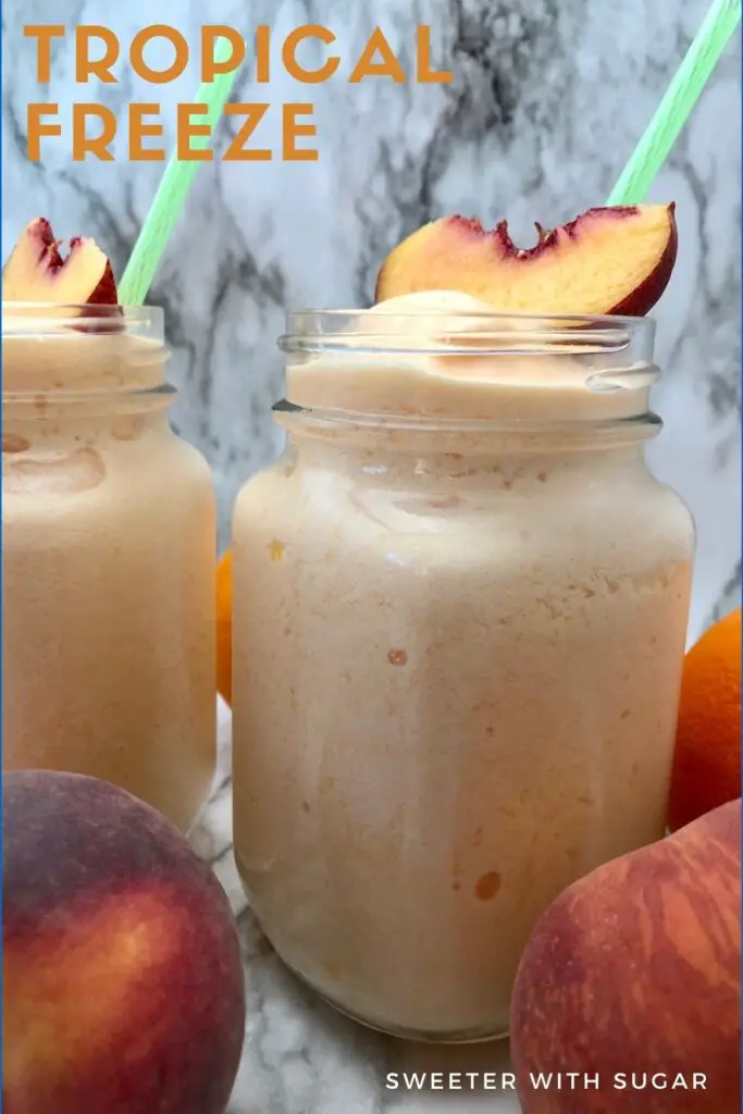 Tropical Freeze is a simple and delicious frozen beverage that is perfect for hot summer days. If you like the flavors of orange and peach, you will love this refreshing drink recipe. #FuzzyNavel #FrozenDrinkRecipes #DrinkRecipes #Frozen #Homemade #Beverages 