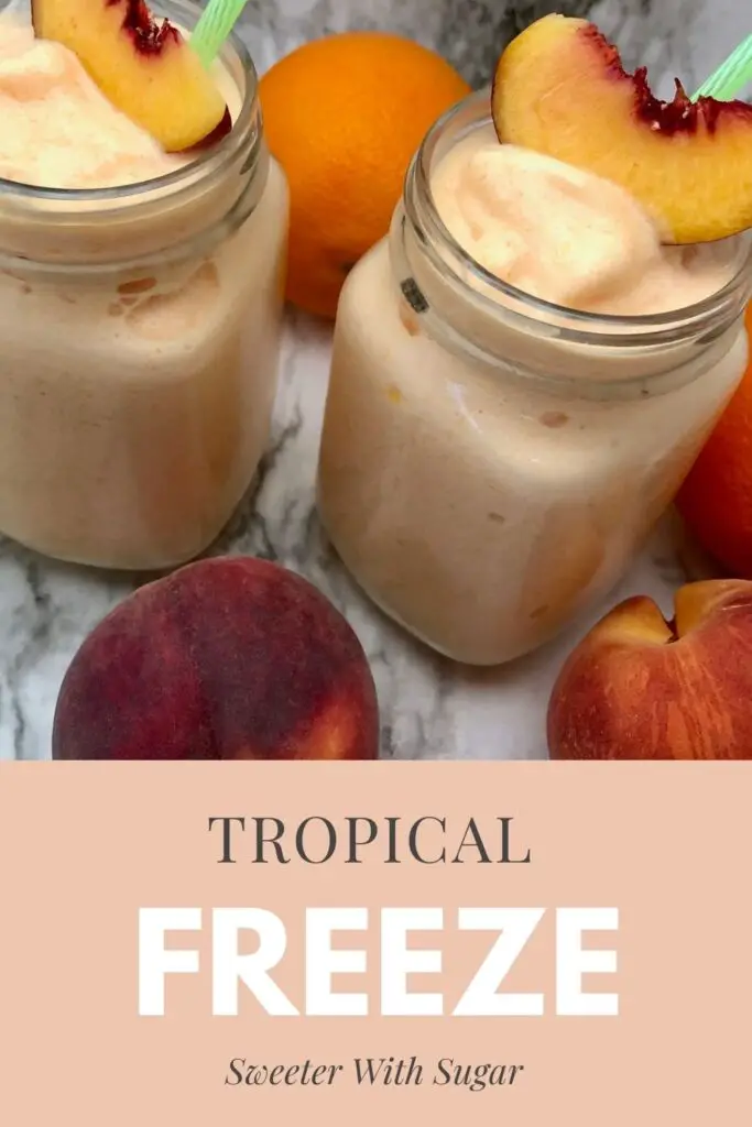 Tropical Freeze is a simple and delicious frozen beverage that is perfect for hot summer days. If you like the flavors of orange and peach, you will love this refreshing drink recipe. #FuzzyNavel #FrozenDrinkRecipes #DrinkRecipes #Frozen #Homemade #Beverages 