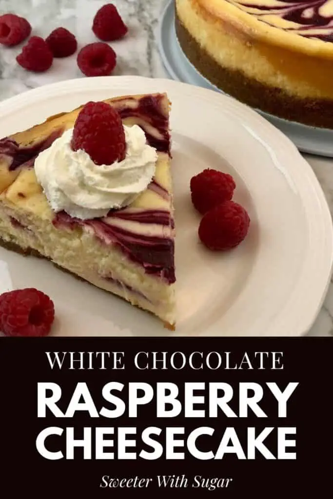 White Chocolate Raspberry Cheesecake is a decadent dessert you will love to make and eat. The creamy cheesecake and raspberry swirl is delicious and beautiful. #Cheesecake #Homemade #Raspberry #Dessert #TheBestDessertRecipe #WhiteChocolate 