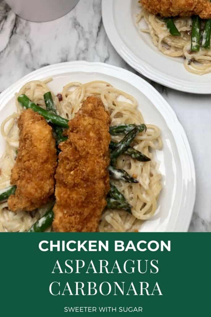 Chicken Bacon Asparagus Carbonara is a simple and delicious chicken dinner recipe you will love. Chicken Bacon Asparagus Carbonara is a perfect comfort food recipe. #FamilyFriendllyRecipes #Pasta #Chicken  #SimpleRecipes #EasyWeeknightDinners #ComfortFood