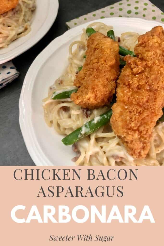 Chicken Bacon Asparagus Carbonara is a simple and delicious chicken dinner recipe you will love. Chicken Bacon Asparagus Carbonara is a perfect comfort food recipe. #FamilyFriendllyRecipes #Pasta #Chicken  #SimpleRecipes #EasyWeeknightDinners #ComfortFood