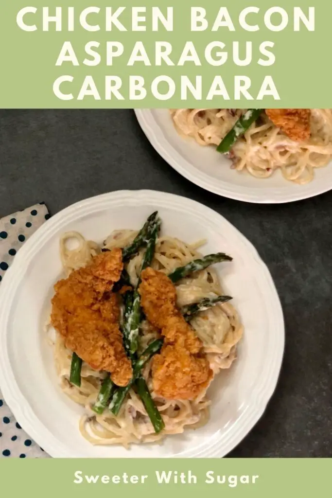 Chicken Bacon Asparagus Carbonara is a simple and delicious chicken dinner recipe you will love. Chicken Bacon Asparagus Carbonara is a perfect comfort food recipe. #FamilyFriendllyRecipes #Pasta #Chicken  #SimpleRecipes #EasyWeeknightDinners #ComfortFood