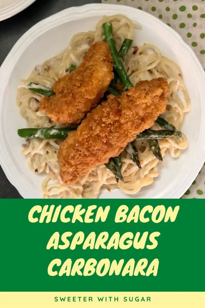 Chicken Bacon Asparagus Carbonara is a simple and delicious chicken dinner recipe you will love. Chicken Bacon Asparagus Carbonara is a perfect comfort food recipe. #FamilyFriendllyRecipes #Pasta #Chicken  #SimpleRecipes #EasyWeeknightDinners #ComfortFood