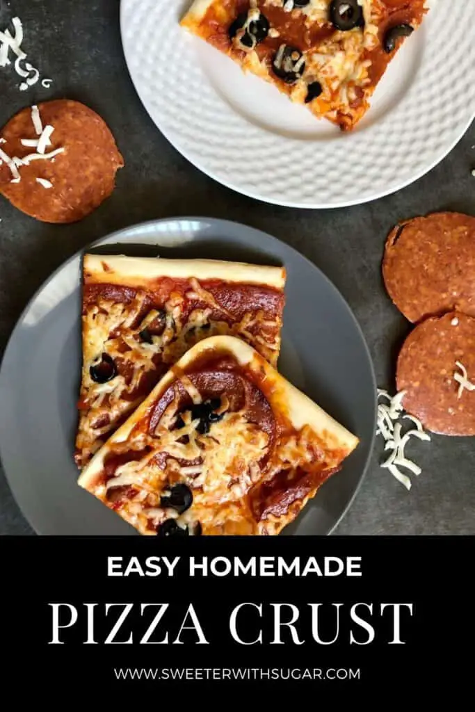 Easy Homemade Pizza Crust | Are you looking for an easy and delicious pizza crust recipe? This homemade pizza crust from Sweeter With Sugar is not only easy, it is delicious.  This pizza dough is quick to make-it includes a thin crust and a thick crust version. Visit us today to try this pizza dough recipe-your family will love making homemade pizza.  #Pizza #PizzaDough #PizzaCrust #DinnerIdeas #Homemade