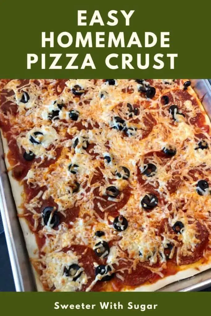 Easy Homemade Pizza Crust | Are you looking for an easy and delicious pizza crust recipe? This homemade pizza crust from Sweeter With Sugar is not only easy, it is delicious.  This pizza dough is quick to make-it includes a thin crust and a thick crust version. Visit us today to try this pizza dough recipe-your family will love making homemade pizza.  #Pizza #PizzaDough #PizzaCrust #DinnerIdeas #Homemade