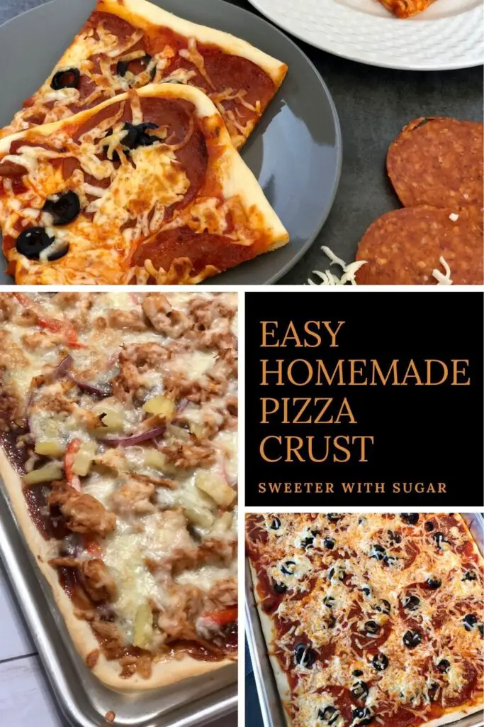Easy Homemade Pizza Crust | Are you looking for an easy and delicious pizza crust recipe? This homemade pizza crust from Sweeter With Sugar is not only easy, it is delicious.  This pizza dough is quick to make-it includes a thin crust and a thick crust version. Visit us today to try this pizza dough recipe-your family will love making homemade pizza.  #Pizza #PizzaDough #PizzaCrust #DinnerIdeas #Homemade