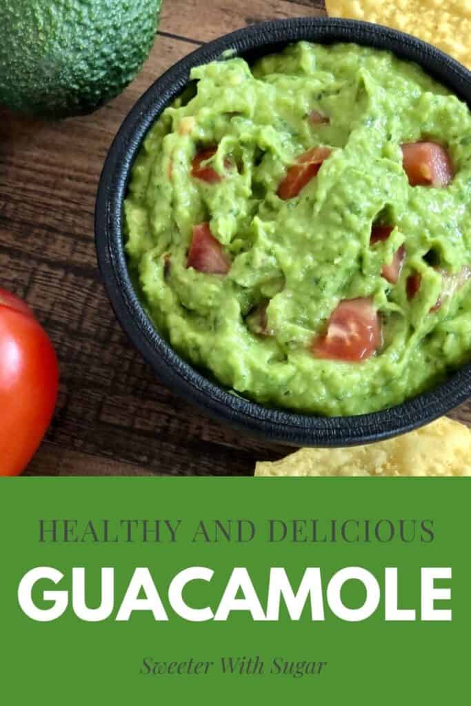 Guacamole is an easy and healthy recipe. This guacamole recipe from Sweeter With Sugar is simple to make and uses fresh ingredients. Guacamole is so yummy as a dip for corn chips. Guacamole is delicious as a condiment on burgers, burritos, enchiladas, and brats.  #Guacamole #Condiments #Dips #SimpleRecipes #HealthyRecipes 