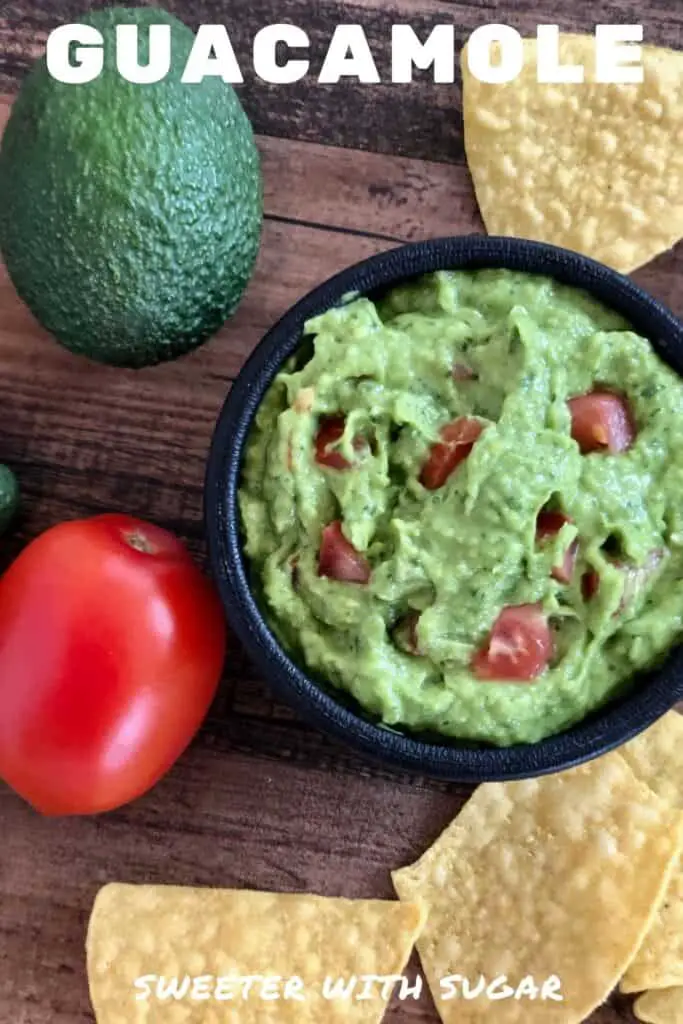 Guacamole is an easy and healthy recipe. This guacamole recipe from Sweeter With Sugar is simple to make and uses fresh ingredients. Guacamole is so yummy as a dip for corn chips. Guacamole is delicious as a condiment on burgers, burritos, enchiladas, and brats.  #Guacamole #Condiments #Dips #SimpleRecipes #HealthyRecipes 