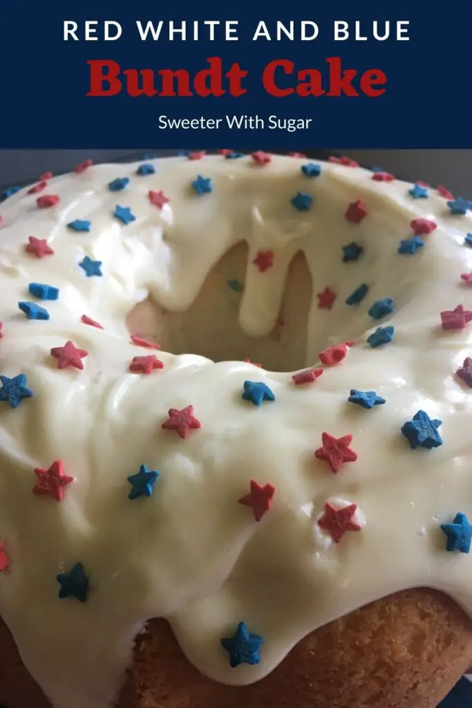 Red, White and Blue Bundt Cake is a cake recipe that is extra moist and delicious. This cake is perfect dessert for the Fourth of July holiday. #Cake #Dessert #FourthOfJuly #HolidayRecipes