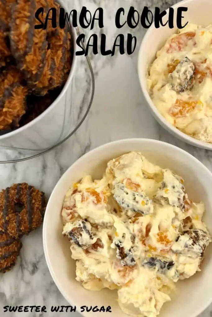 Samoa Cookie Salad is a fun and yummy dessert salad recipe. This salad recipe is simple to make. Samoa Cookie Salad is perfect for spring and summer barbecues and parties. #Salad #CookieSalad #SamoaCookies #Dessert