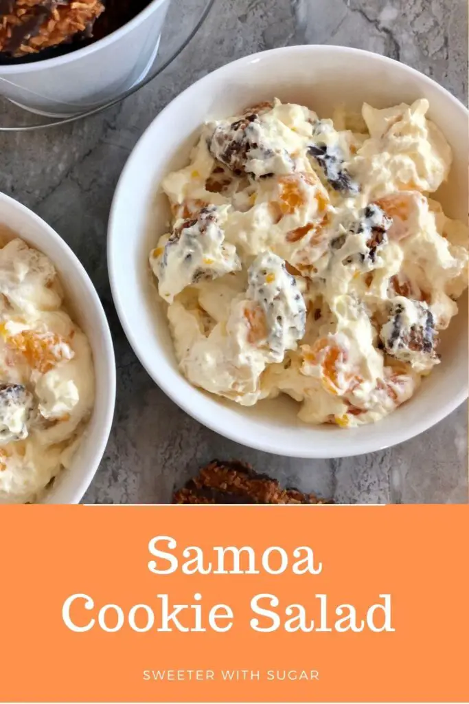 Samoa Cookie Salad is a fun and yummy dessert salad recipe. This salad recipe is simple to make. Samoa Cookie Salad is perfect for spring and summer barbecues and parties. #Salad #CookieSalad #SamoaCookies #Dessert