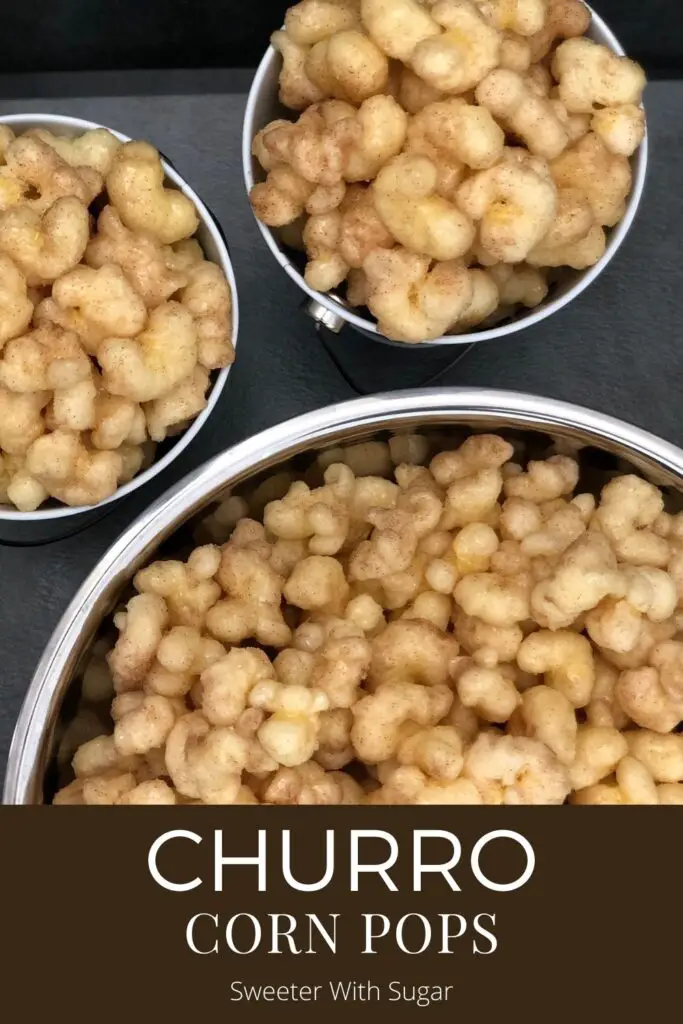 Churro Corn Pops are a gooey caramel coated churro flavored snack. Churro Corn Pops are easy to make. They make a great snack or dessert. You will love these Churro Corn Pops, they are delicious! #Churro #CornPops #Snacks #Desserts