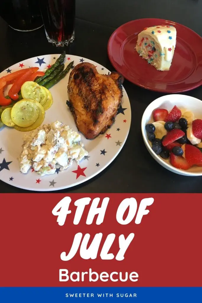 4th of July Barbecue is full of recipes that will make your holiday get-together perfect. There is a grilled chicken recipe, grilled vegetable recipe, potato salad recipe, fruit salad recipe, dessert recipe, and a beverage recipe. #FourthOfJulyBarbecue #BBQ #Dinner #Dessert #Salad #Veggies