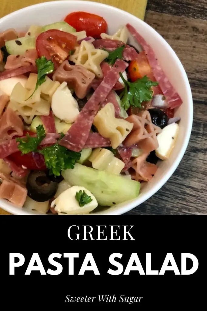 Greek Pasta Salad is filled with delicious ingredients. This cold pasta salad is perfect for barbecues or as a meal with a side of bread. Greek Pasta Salad has a flavorful salad dressing you will love. #Pasta #Salad #Greek #Barbecue #SimpleRecipes