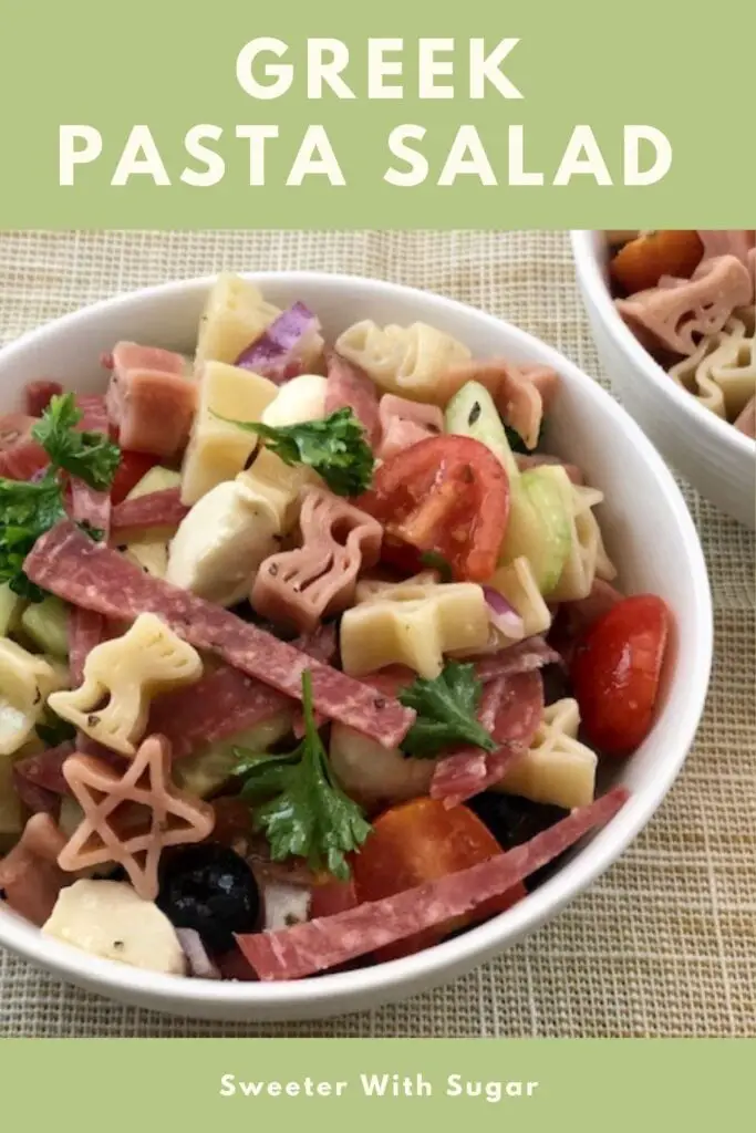 Greek Pasta Salad is filled with delicious ingredients. This cold pasta salad is perfect for barbecues or as a meal with a side of bread. Greek Pasta Salad has a flavorful salad dressing you will love. #Pasta #Salad #Greek #Barbecue #SimpleRecipes
